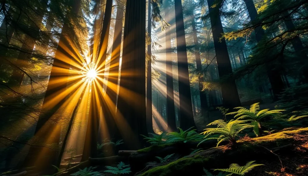 Sunlight filtering through redwood trees in Mailliard Redwoods State Natural Reserve creating magical light rays