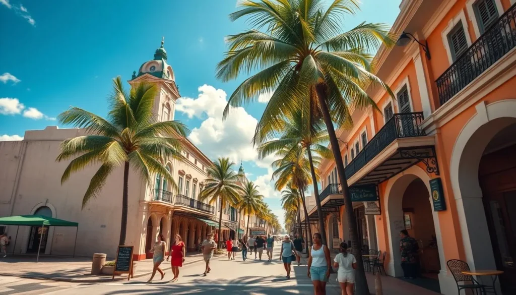 Sunny Belize City street scene during dry season with blue skies, palm trees, and tourists exploring colonial buildings Sunny Belize City street scene during dry season with blue skies, palm trees, and tourists exploring colonial buildings