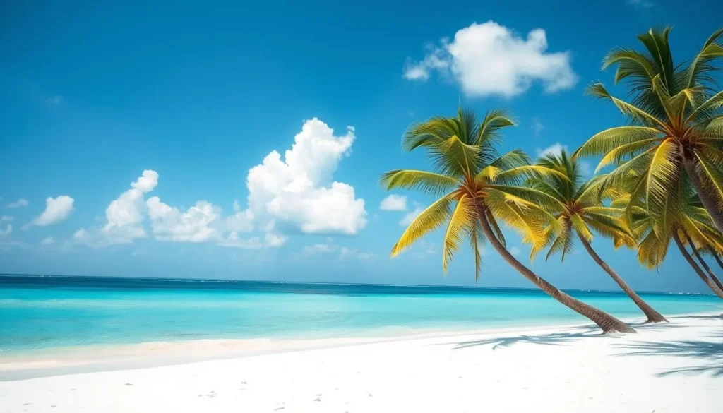Sunny beach at Blackbird Caye, Belize during dry season with palm trees and clear skies Sunny beach at Blackbird Caye, Belize during dry season with palm trees and clear skies