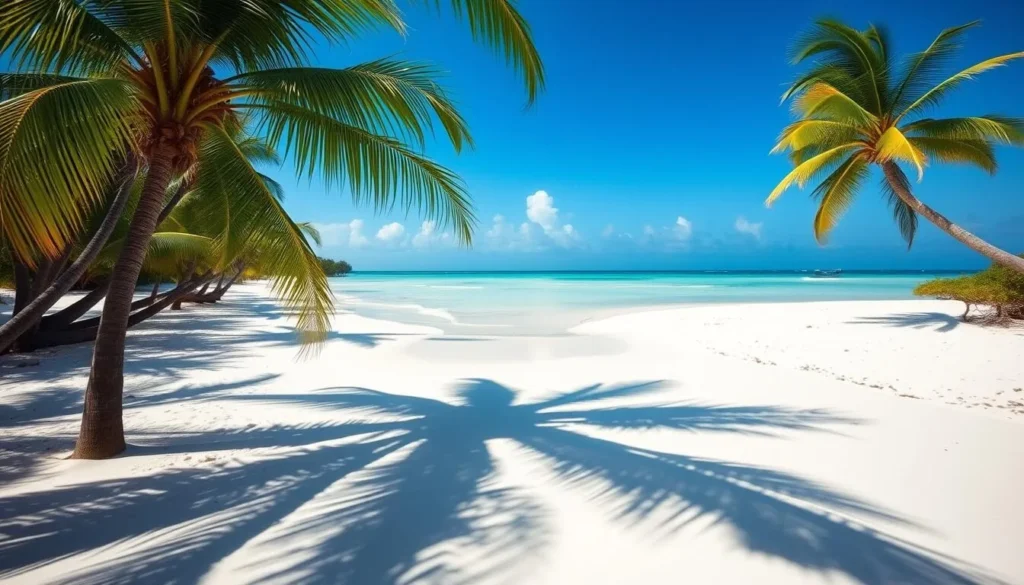 Sunny beach at Half Moon Caye with palm trees and clear blue skies