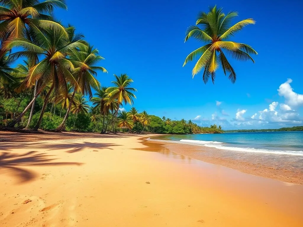 Sunny beach at Rio Kruta National Park during dry season with clear blue skies and calm waters