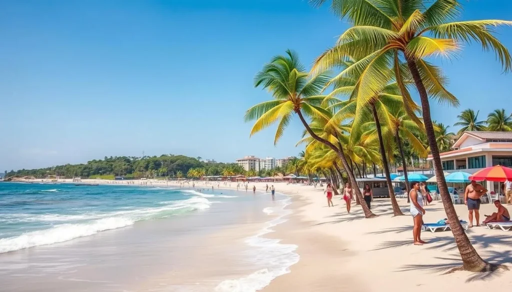 Sunny beach day at Segunda Praia (Second Beach) in Morro de Sao Paulo with palm trees and beachgoers