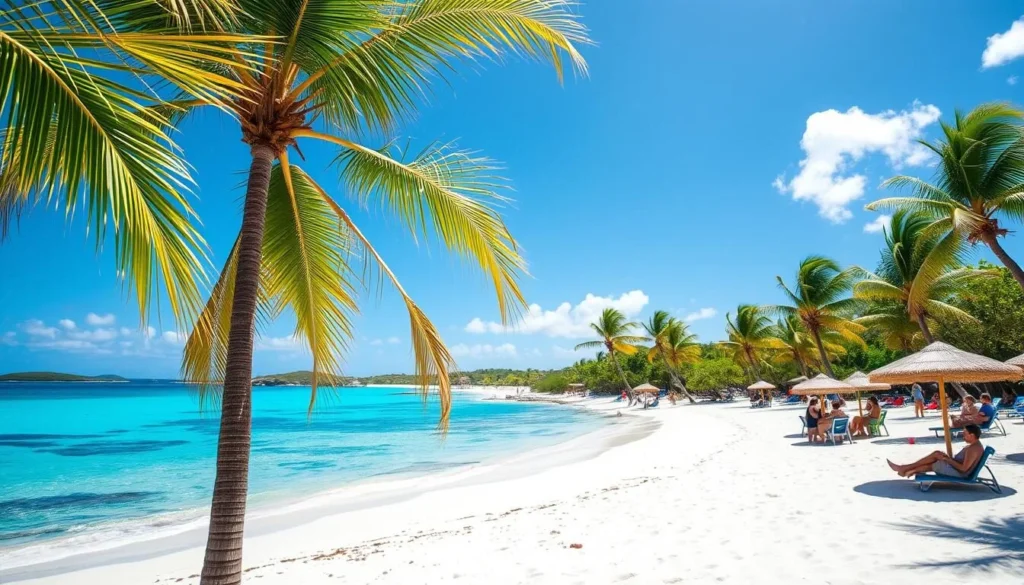 Sunny beach day in Anguilla near Stoney Ground Village with palm trees and clear skies