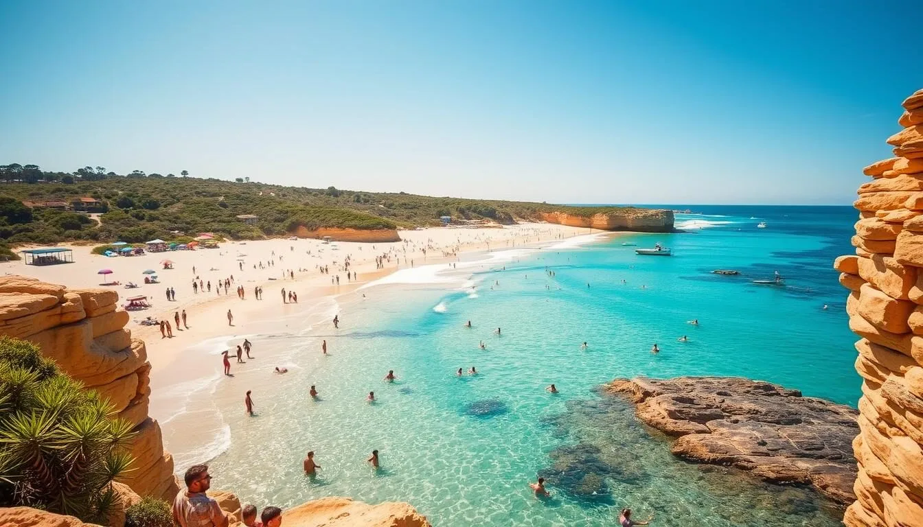 Sunny beach day in New South Wales with people enjoying summer activities