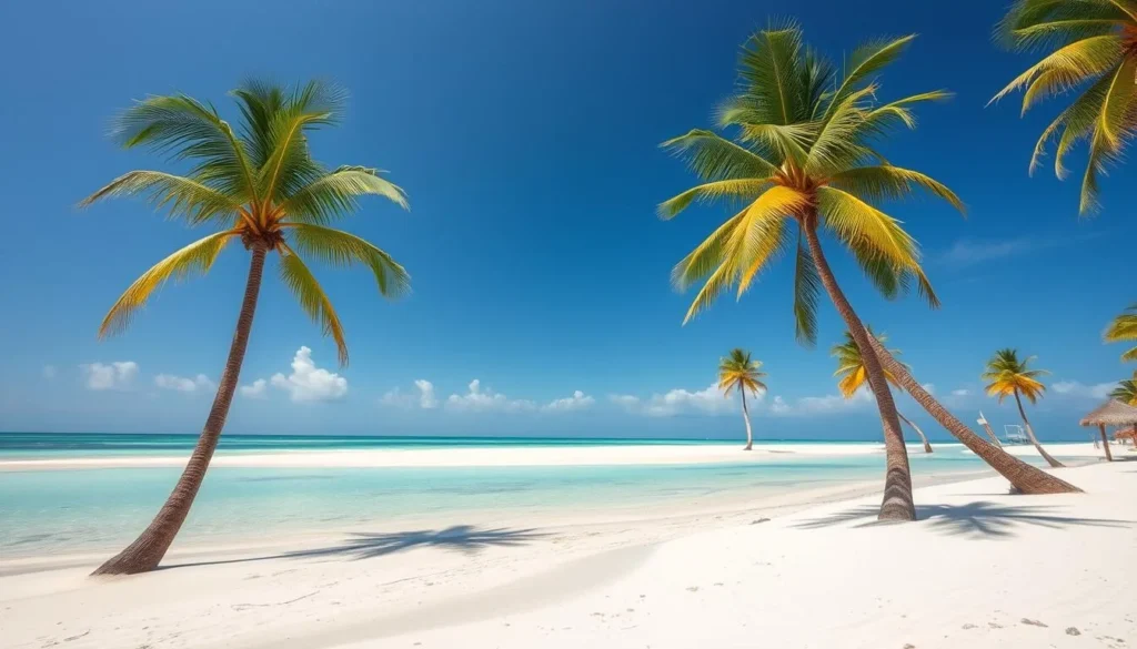 Sunny beach day in San Pedro Belize with palm trees and clear blue skies