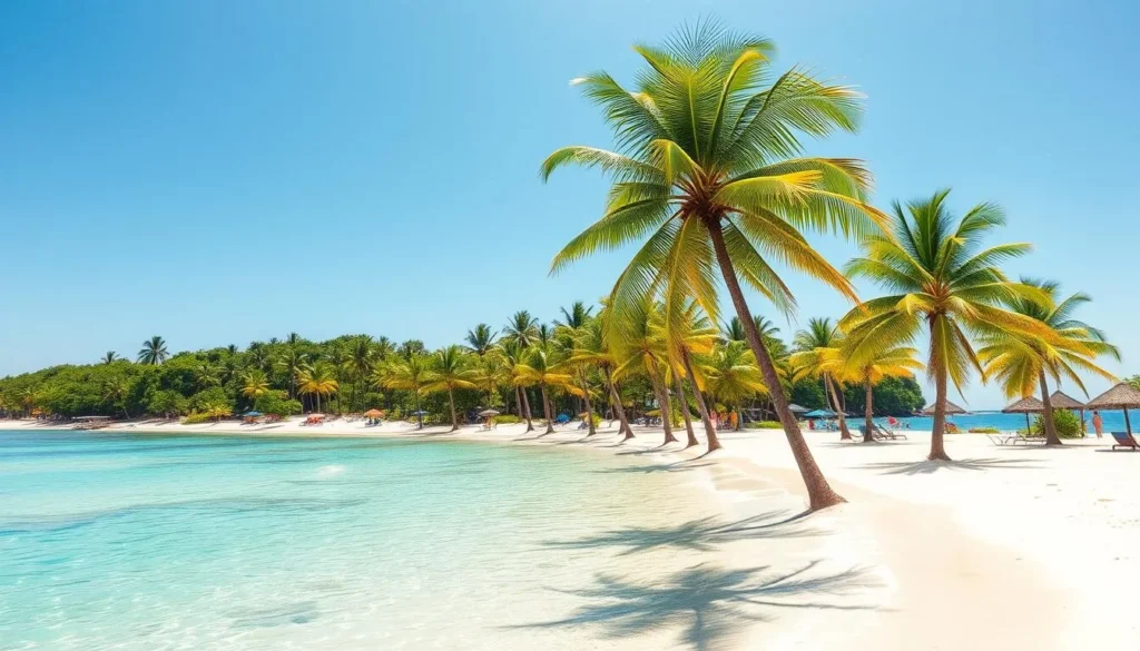 Sunny beach in Ambon with palm trees and crystal clear water during dry season