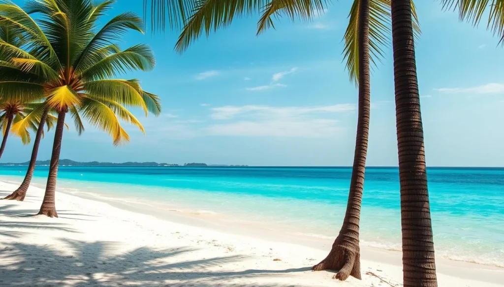 Sunny beach in Balikpapan with palm trees and clear blue skies