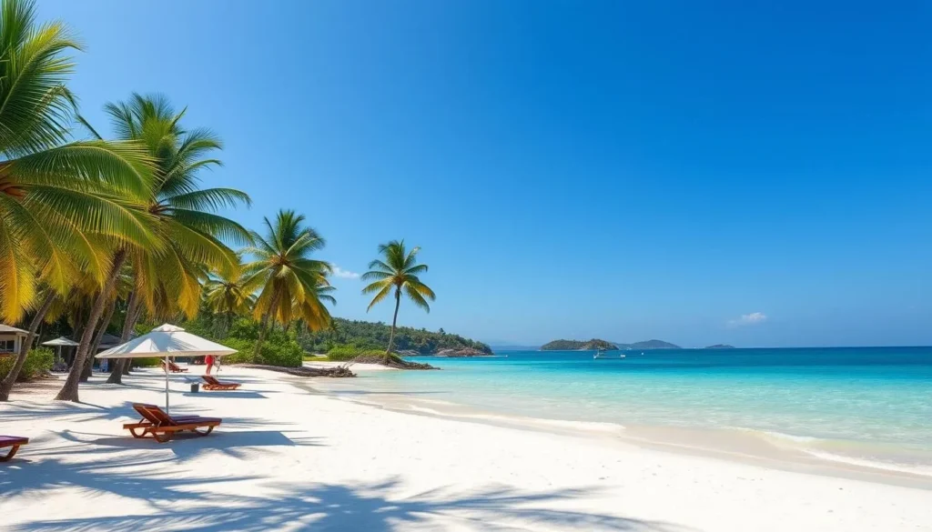 Sunny beach in Batam, Indonesia with palm trees and clear blue skies