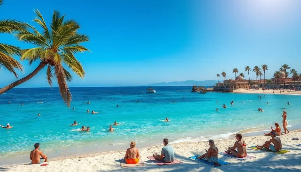 Sunny beach in Mohammedia during spring season with visitors enjoying the pleasant weather