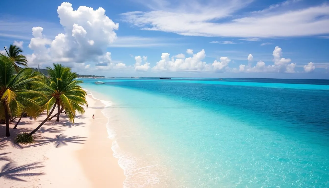 Sunny beach in Punta Cana during perfect weather with palm trees and turquoise water