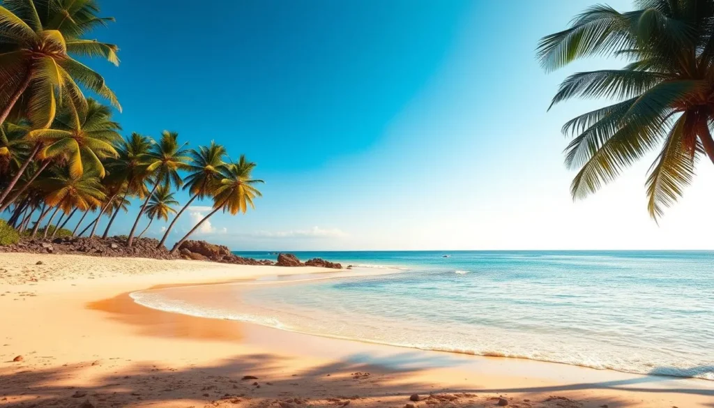 Sunny beach on Kayts Island during dry season with palm trees