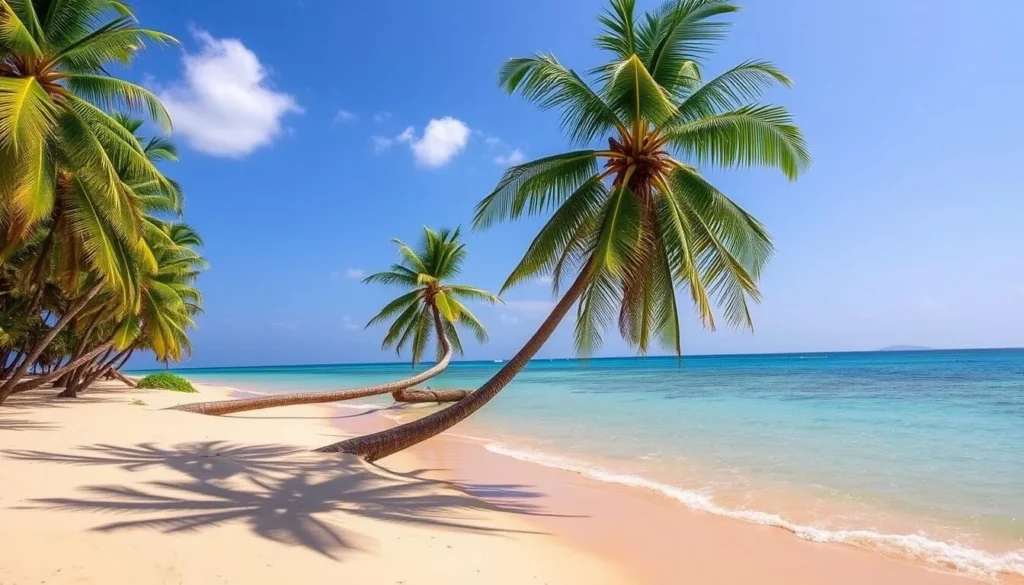 Sunny beach scene at Karaitivu Island during the dry season with clear blue skies