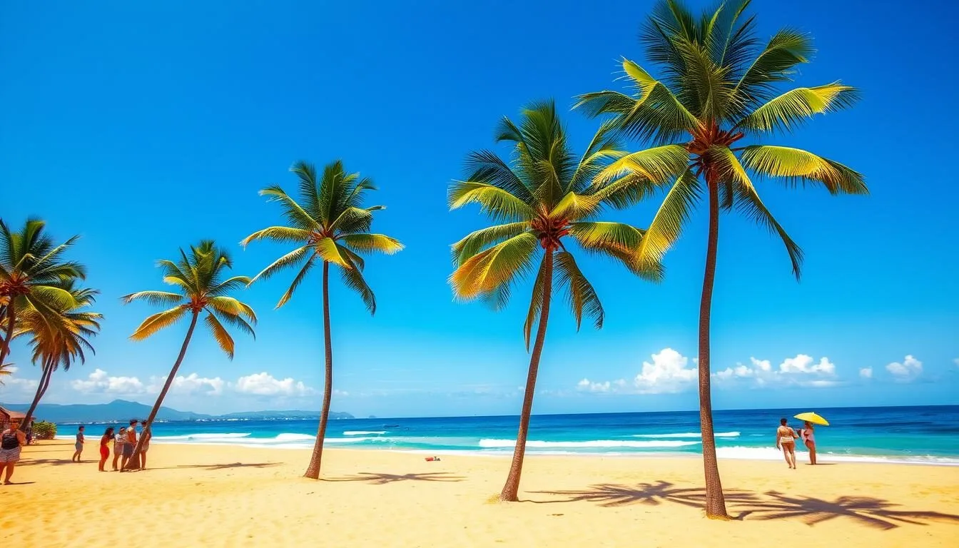 Sunny-beach-scene-in-Bali-during-dry-season-with-clear-blue-skies-palm-trees-and-tourists Sunny beach scene in Bali during dry season with clear blue skies, palm trees, and tourists enjoying the perfect weather