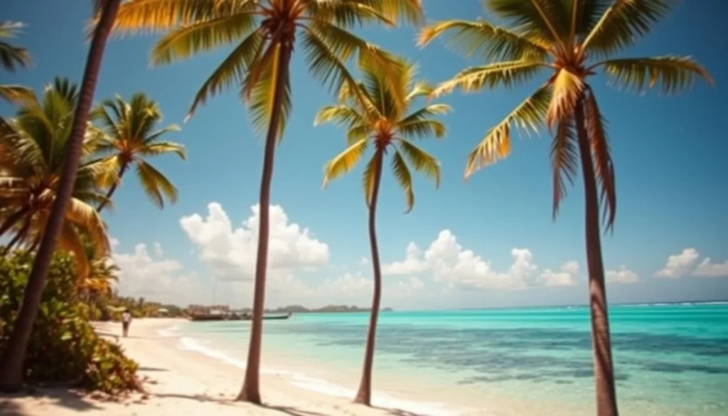 Sunny beach scene in Baracoa during dry season with palm trees and clear blue skies