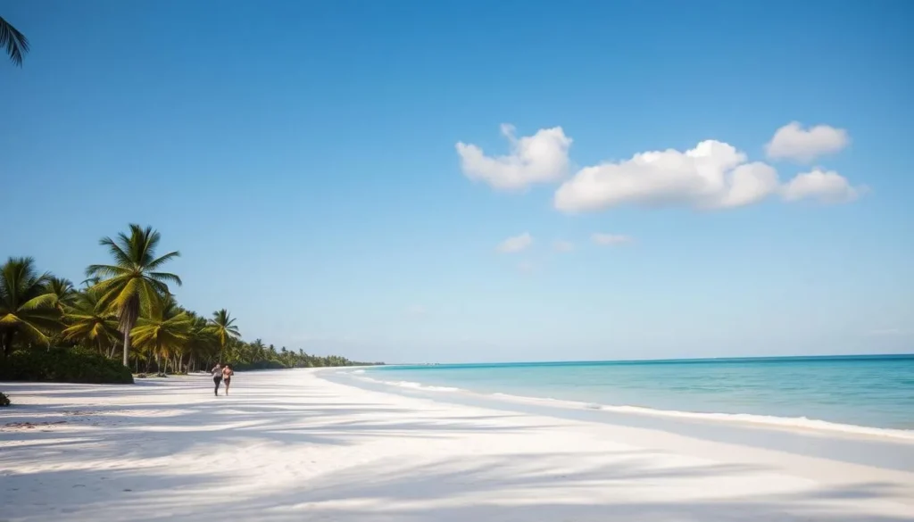 Sunny beach scene in Nosy Varika during the dry season with palm trees and clear skies
