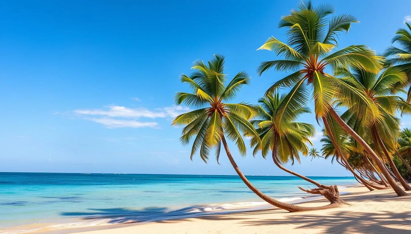 Sunny beach scene in Toliara during the dry season with clear blue skies and palm trees