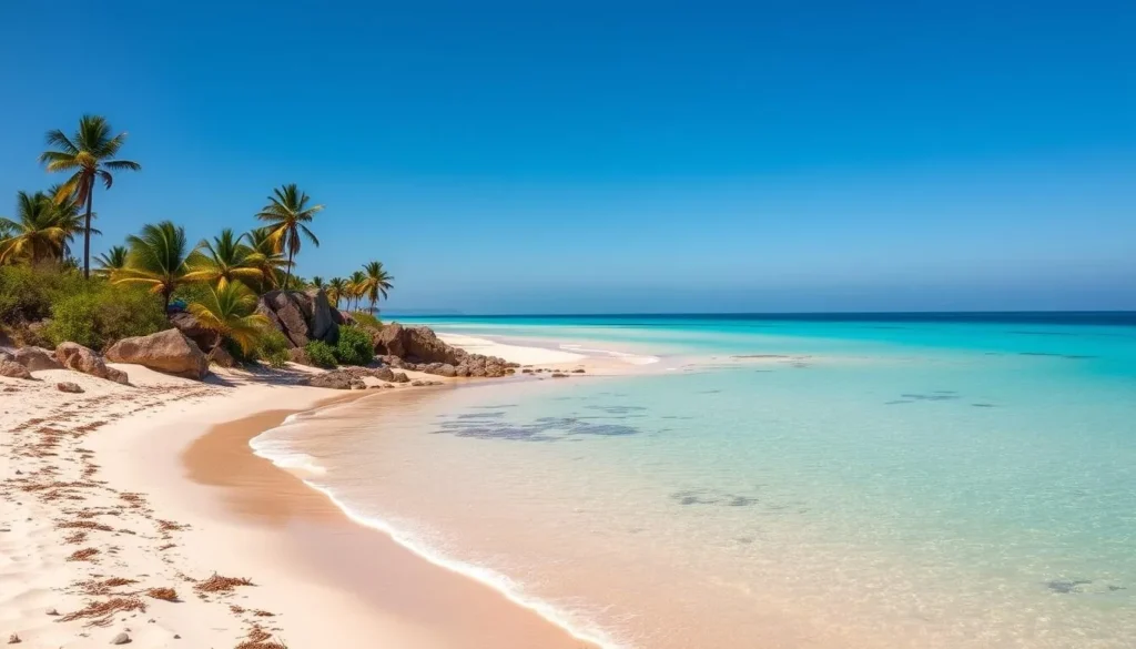 Sunny beach scene near Nuevitas during the dry season with clear blue skies