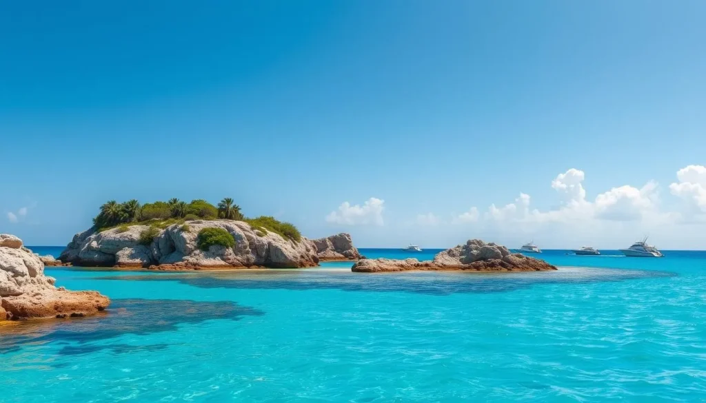 Sunny day at Arrecifes de Cozumel National Park with clear blue skies and calm turquoise waters perfect for snorkeling Sunny day at Arrecifes de Cozumel National Park with clear blue skies and calm turquoise waters perfect for snorkeling