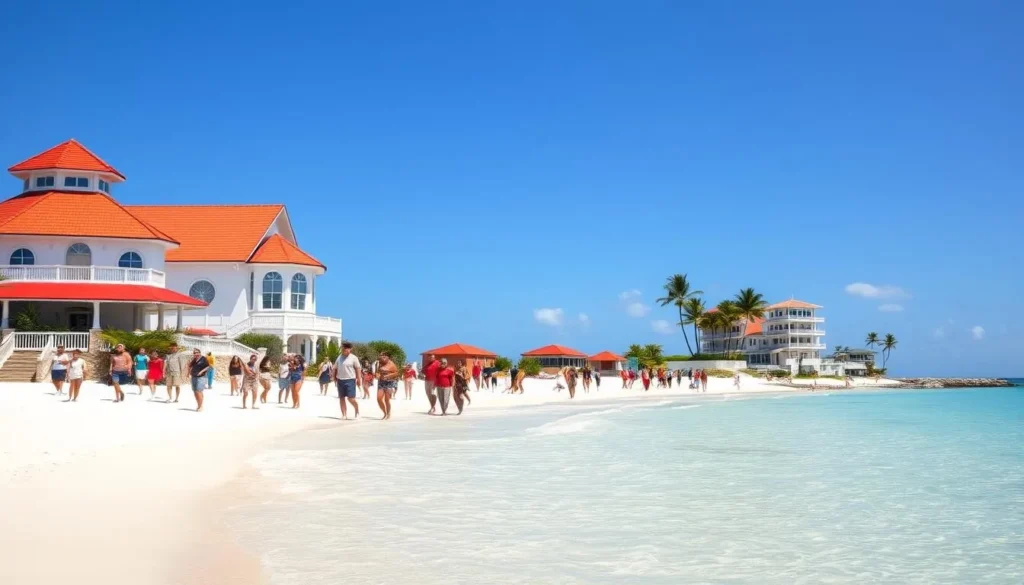 Sunny day at Granma Island with tourists walking along the shoreline with clear blue skies and pleasant weather