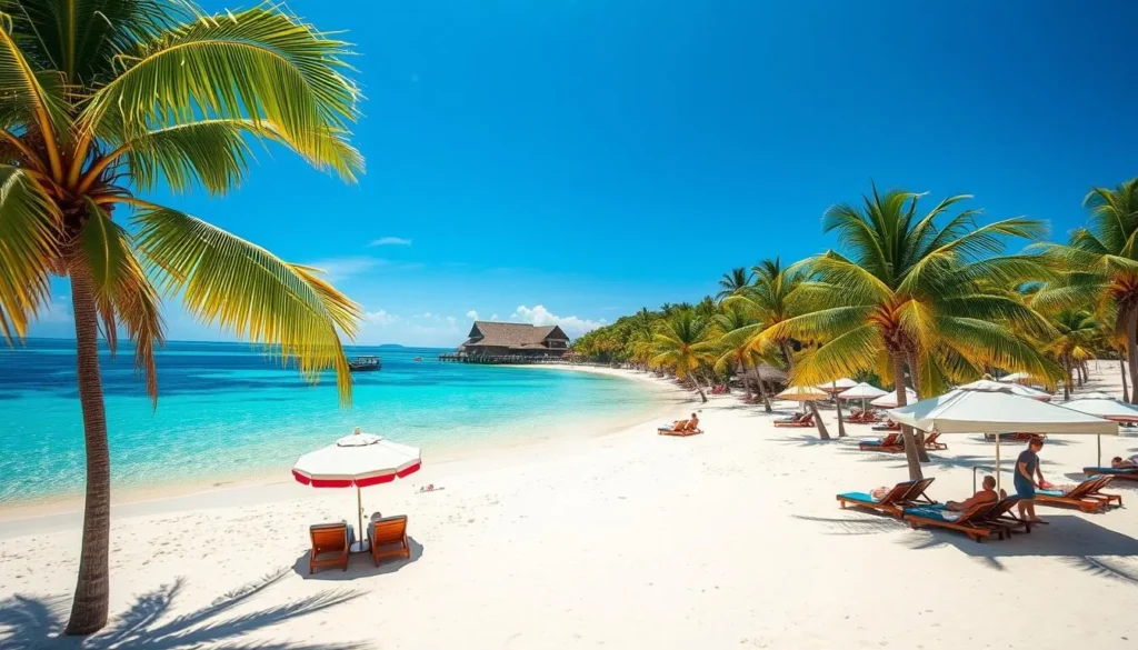 Sunny day at Honeymoon Beach on Water Island showing perfect weather conditions during high season