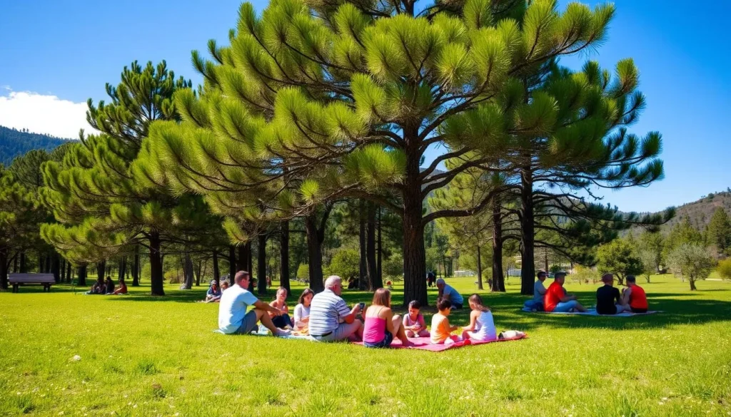 Sunny day at Insurgente Miguel Hidalgo y Costilla National Park with families enjoying picnics under pine trees