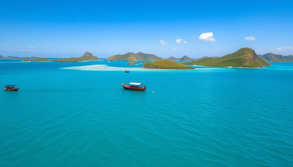 Sunny day at Komodo National Park Indonesia with clear skies and calm waters Sunny day at Komodo National Park Indonesia with clear skies and calm waters