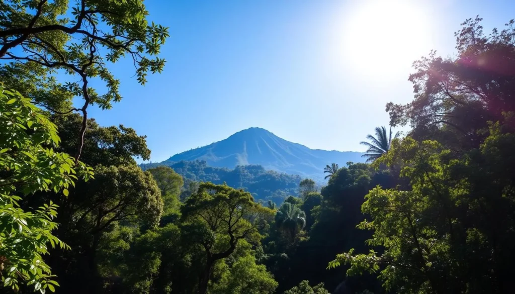 Sunny day at Mount Leuser National Park with clear skies and lush greenery during dry season Sunny day at Mount Leuser National Park with clear skies and lush greenery during dry season