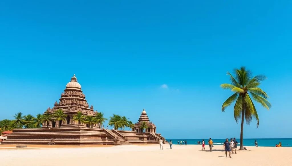 Sunny day at Nagadeepa Island showing clear skies and temple structures during the dry season