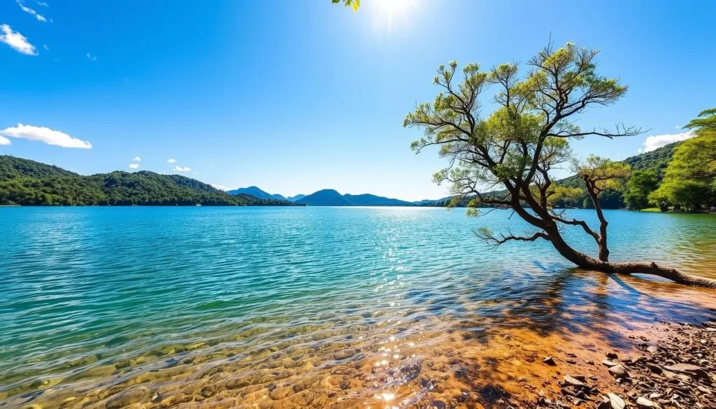 Sunny day at Nong Fa Lake during dry season showing clear waters and blue sky