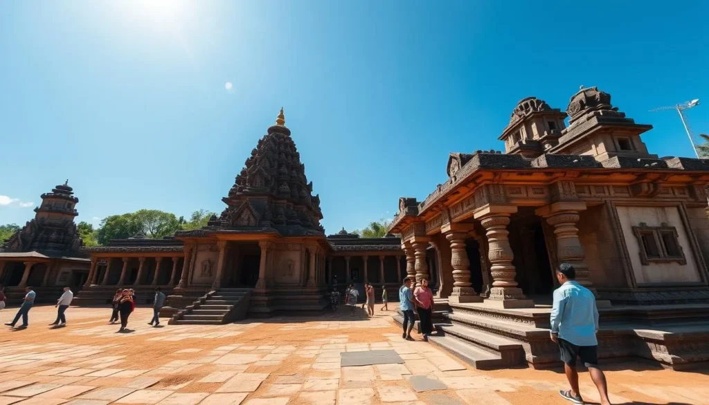 Sunny day at Penataran Temple in Blitar during dry season, showing clear blue skies and perfect weather for sightseeing
