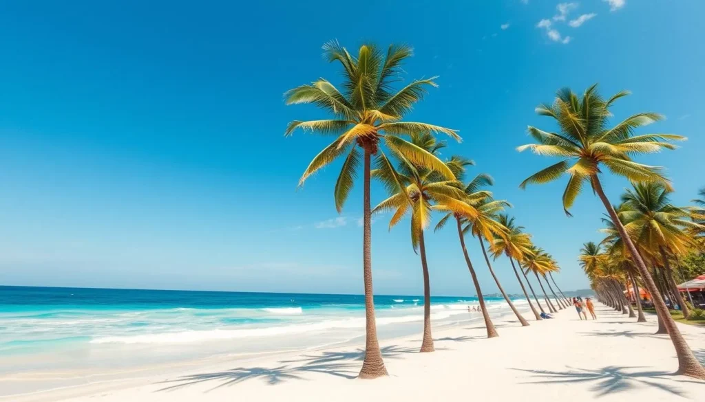Sunny day at Porto de Galinhas beach with palm trees and clear blue skies during the dry season