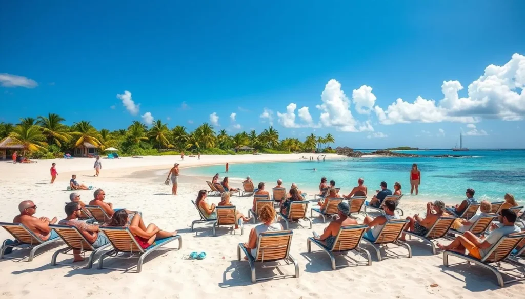 Sunny day at Scilly Cay, Anguilla during peak season with visitors enjoying the beach Sunny day at Scilly Cay, Anguilla during peak season with visitors enjoying the beach