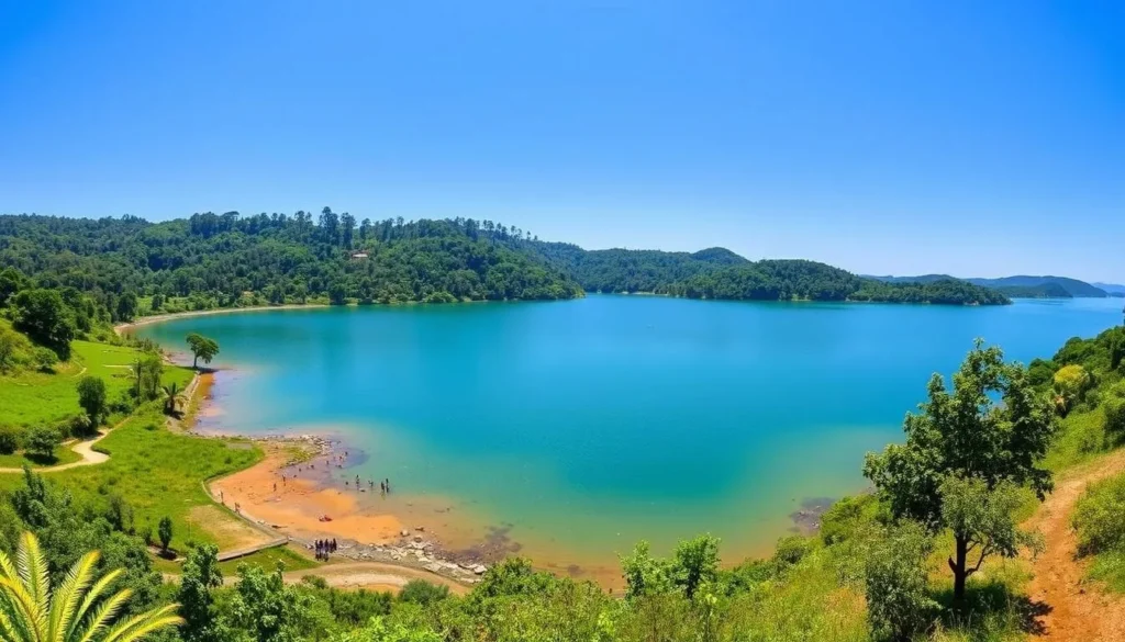 Sunny day at Situ Gede lake in Tasikmalaya with clear blue skies