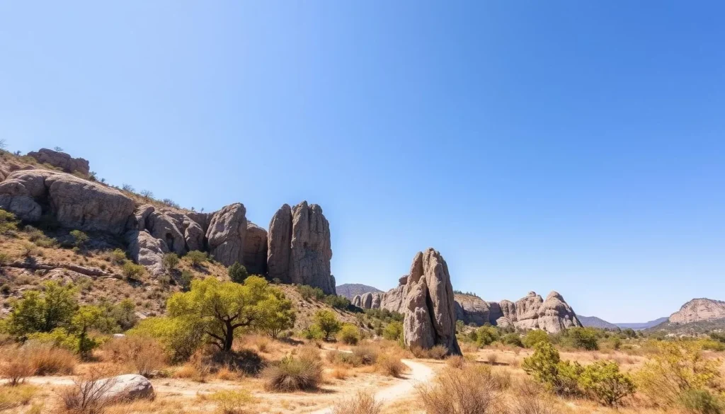 Sunny day at Tsingy de Bemaraha National Park during the dry season showing clear blue skies