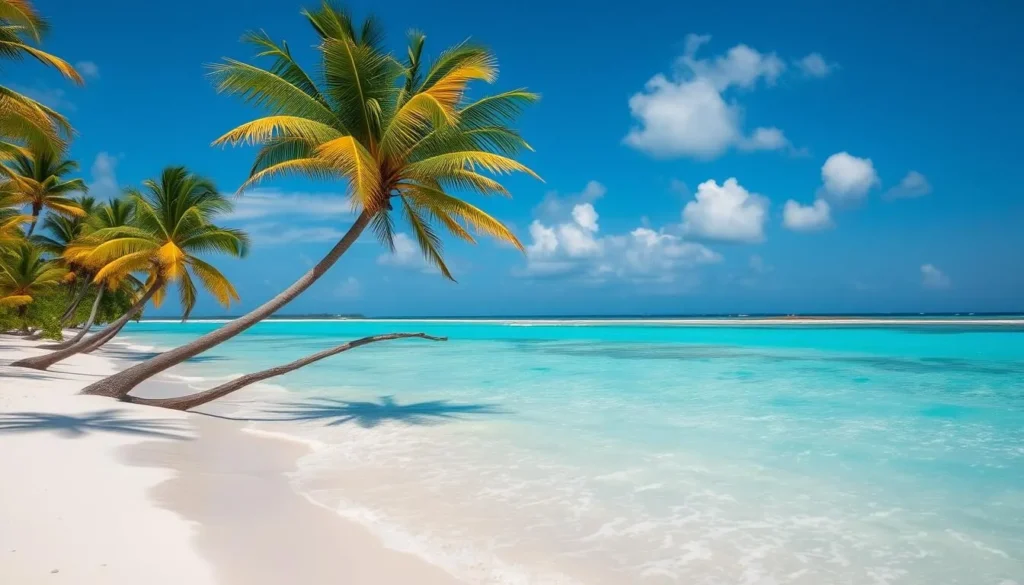 Sunny day at Turneffe Atoll beach with palm trees and clear blue skies during dry season