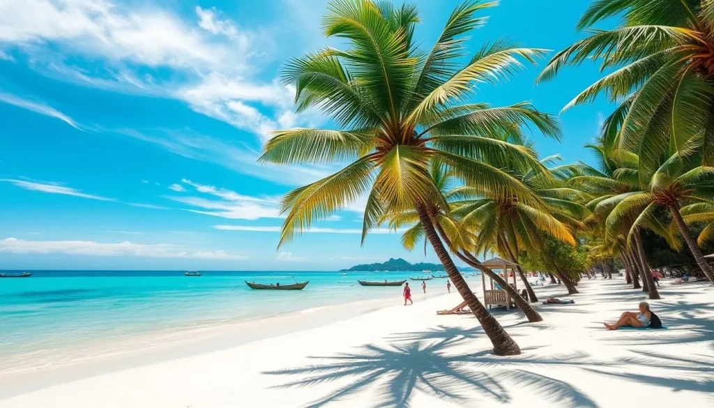Sunny day at Ulee Lheue Beach in Banda Aceh with palm trees and clear blue water