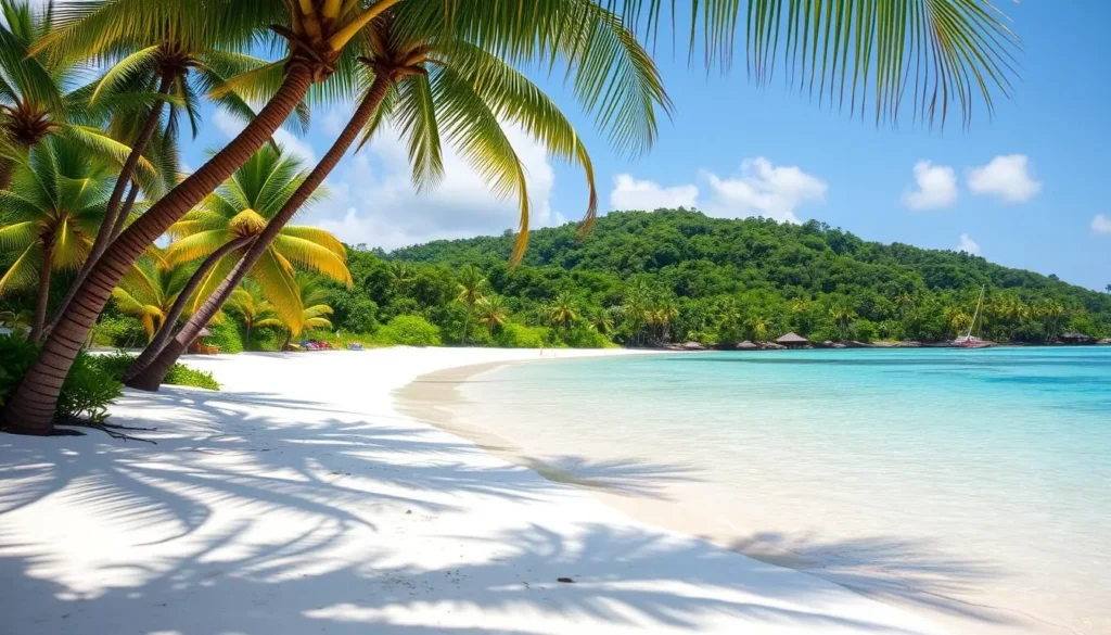 Sunny day at a white sand beach in Masoala National Park with palm trees and clear blue water Sunny day at a white sand beach in Masoala National Park with palm trees and clear blue water