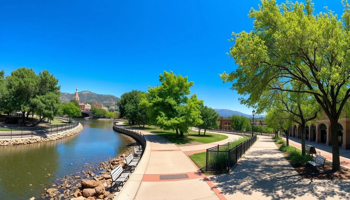 Sunny-day-at-the-Historic-Arkansas-Riverwalk-of-Pueblo-with-mountains-in-background Sunny day at the Historic Arkansas Riverwalk of Pueblo with mountains in background