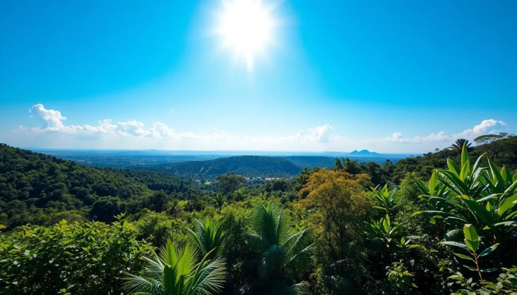 Sunny day in Ambanja during dry season with clear blue skies over cocoa plantations Sunny day in Ambanja during dry season with clear blue skies over cocoa plantations