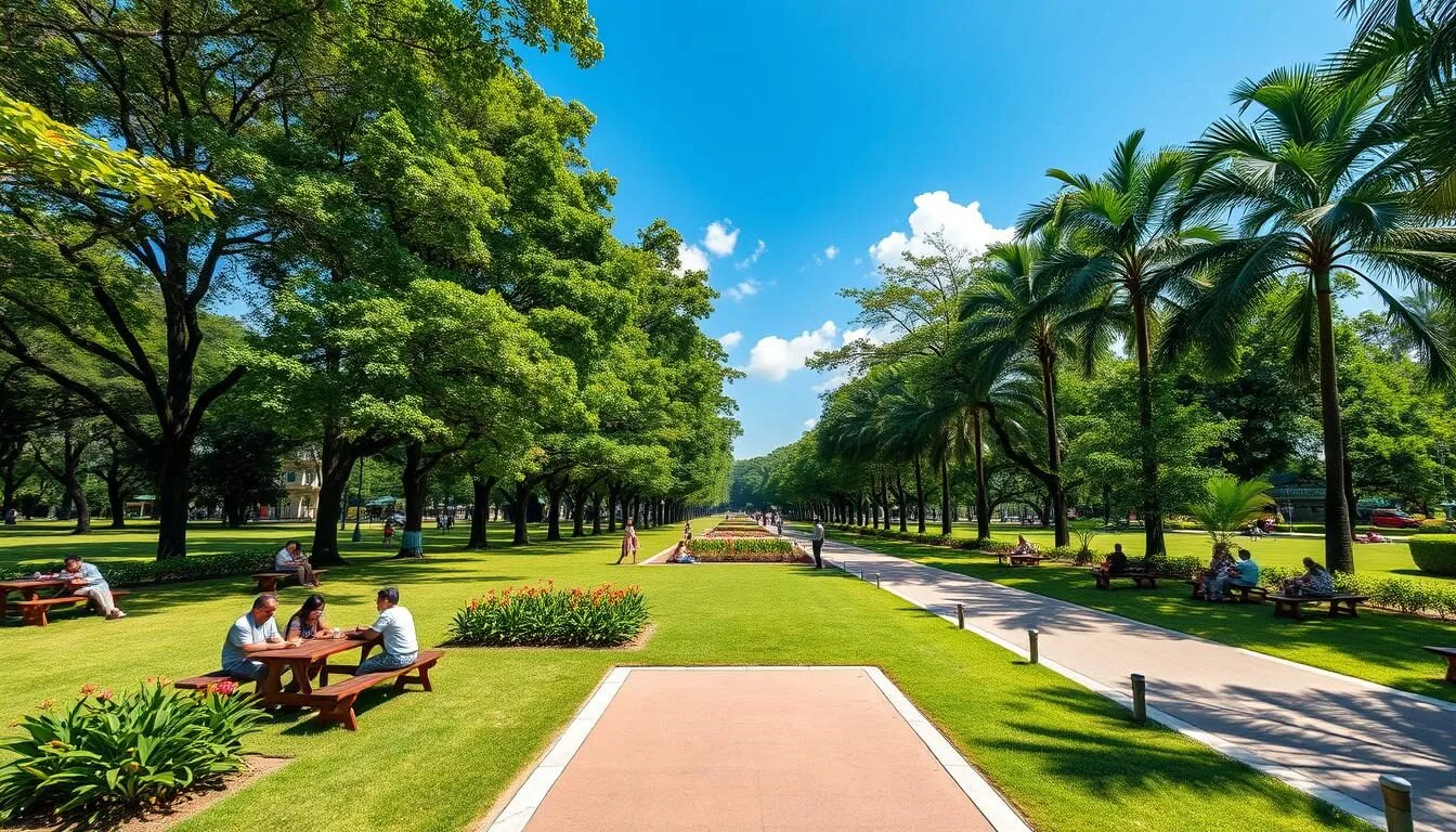Sunny day in Bekasi City Park with lush greenery, families enjoying outdoor activities, and clear blue skies
