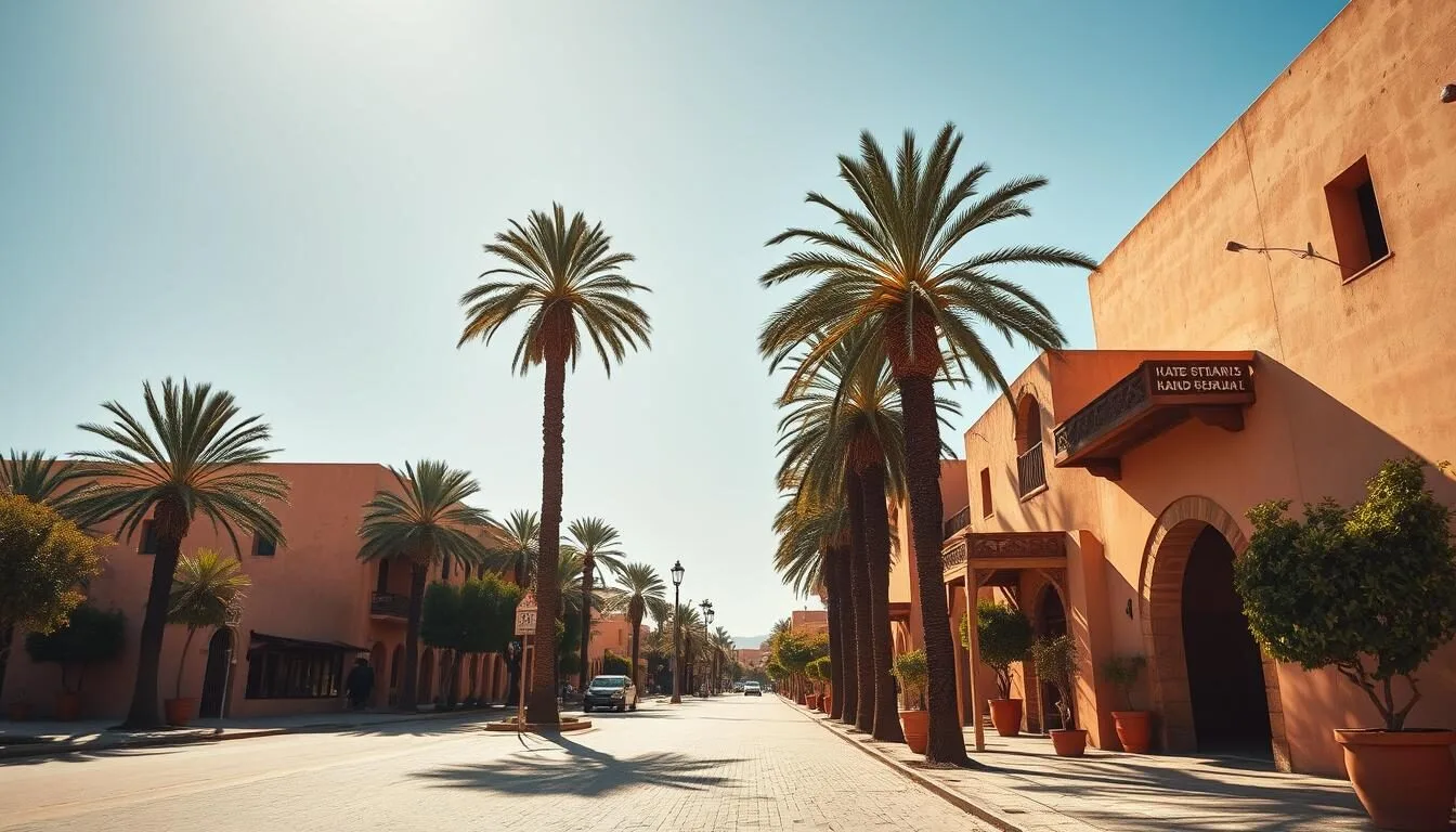 Sunny day in Berrechid, Morocco with clear blue skies and palm trees