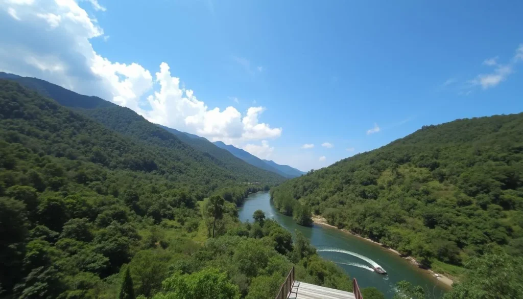 Sunny day in Betung Kerihun National Park during dry season showing clear rivers and lush forest