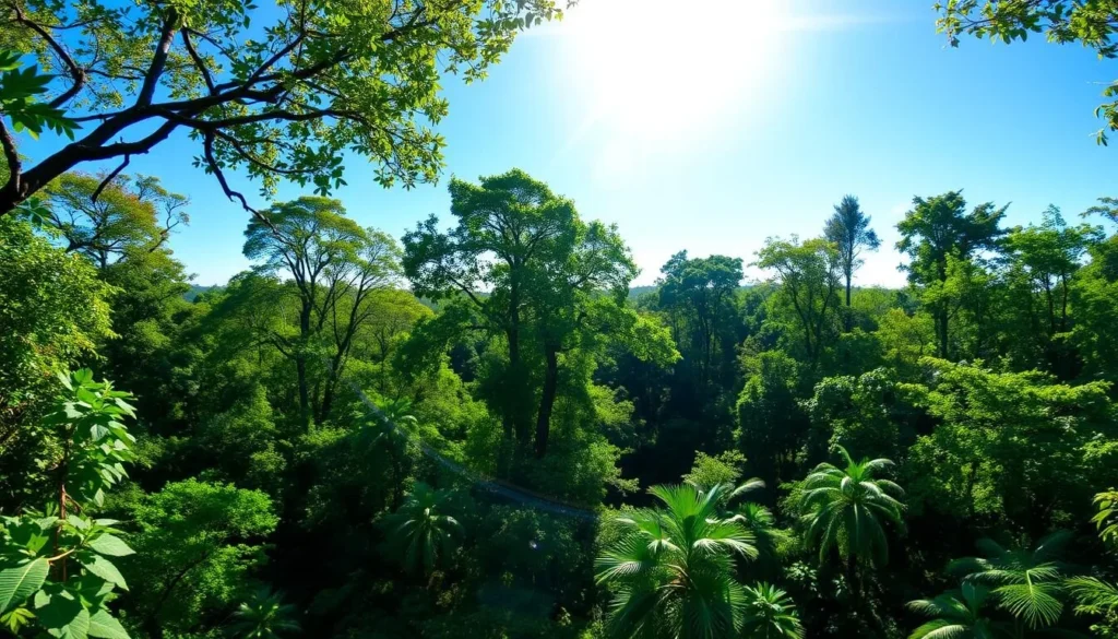 Sunny day in Bukit Tigapuluh National Park showing clear skies over the jungle canopy Sunny day in Bukit Tigapuluh National Park showing clear skies over the jungle canopy