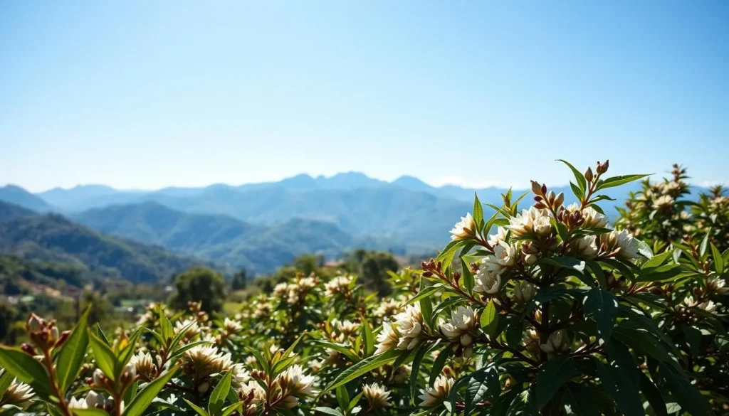 Sunny day in Concordia, Colombia with coffee plants flowering and mountains in background