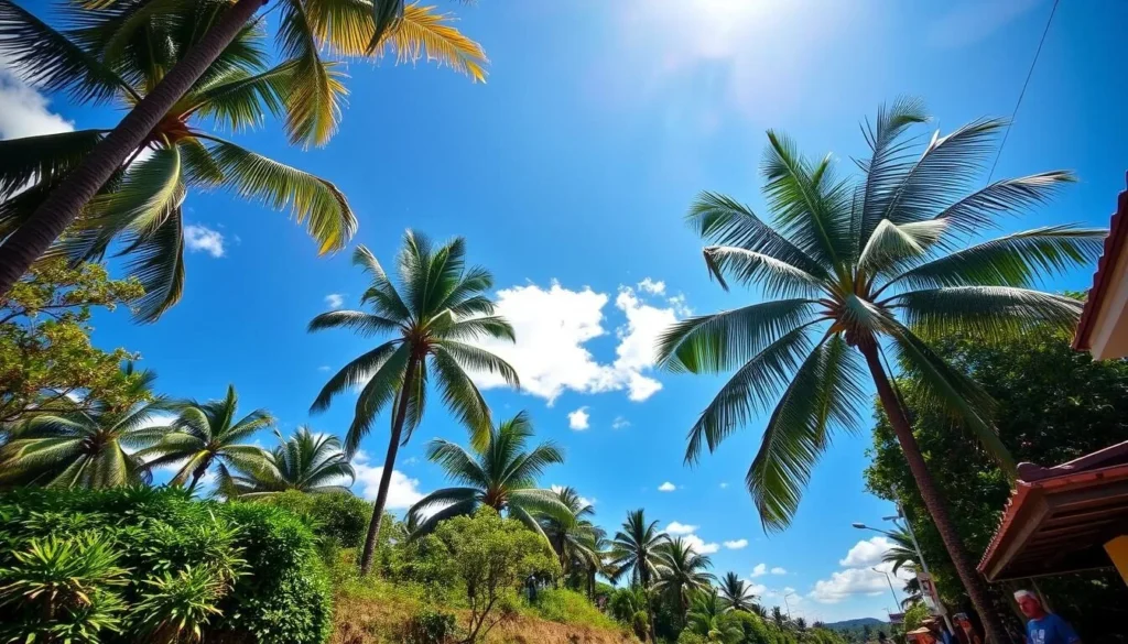 Sunny day in La Lima Honduras with clear blue skies and tropical vegetation
