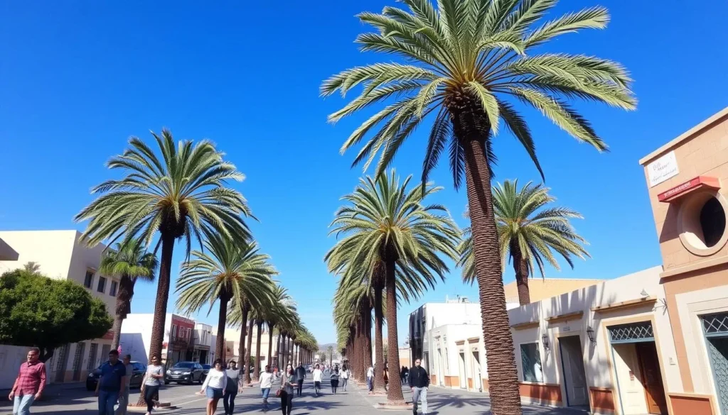 Sunny day in Lqliaa, Morocco with palm trees and clear blue skies
