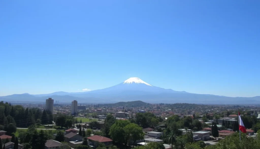 Sunny day in Manizales with clear views of Nevado del Ruiz volcano in the background