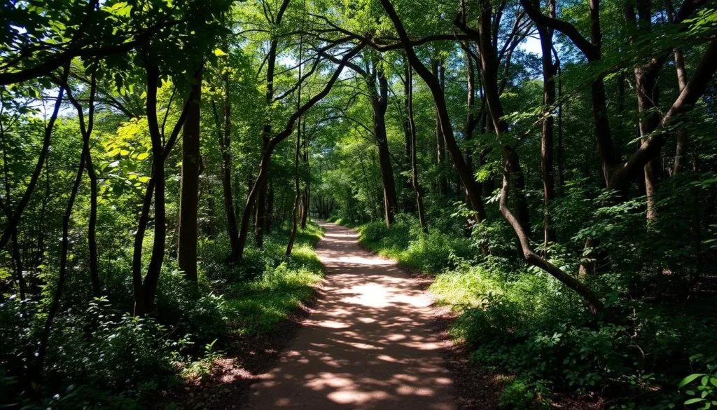 Sunny day in Marolambo National Park during the dry season showing clear trails and vibrant forest canopy
