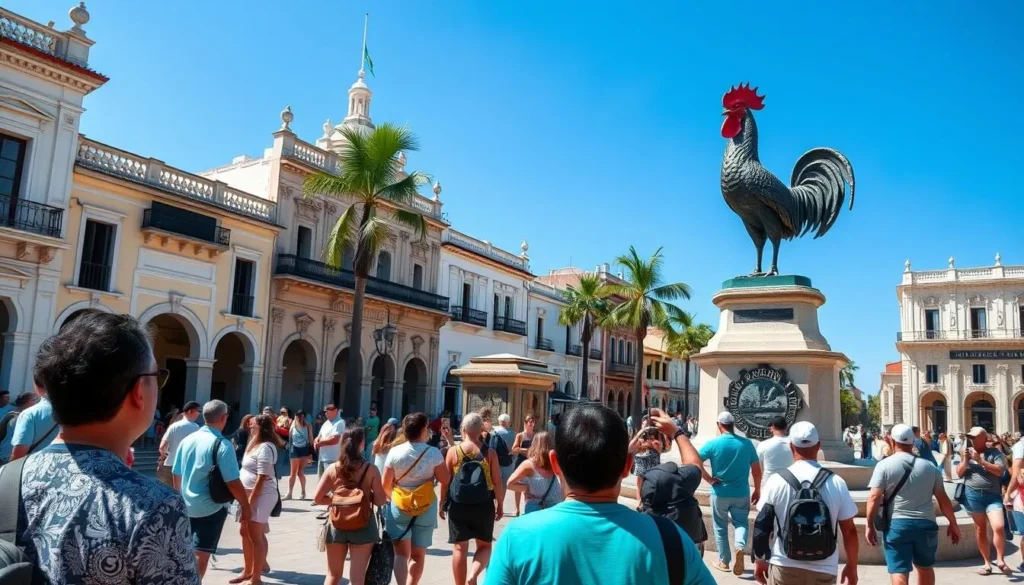 Sunny day in Moron, Cuba with tourists exploring the town square
