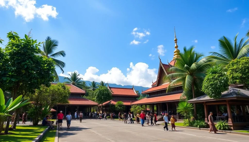 Sunny day in Pematangsiantar with blue skies and tropical vegetation